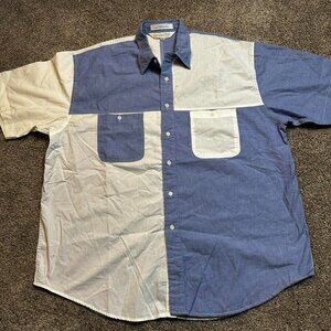 Vintage preppy colorblock blue‎ and white short sleeve button shirt size large